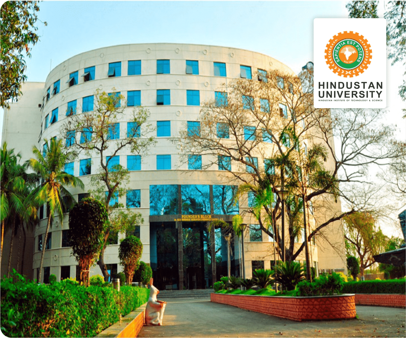 Hindustan University campus building with official Hindustan University logo, suitable for distance education