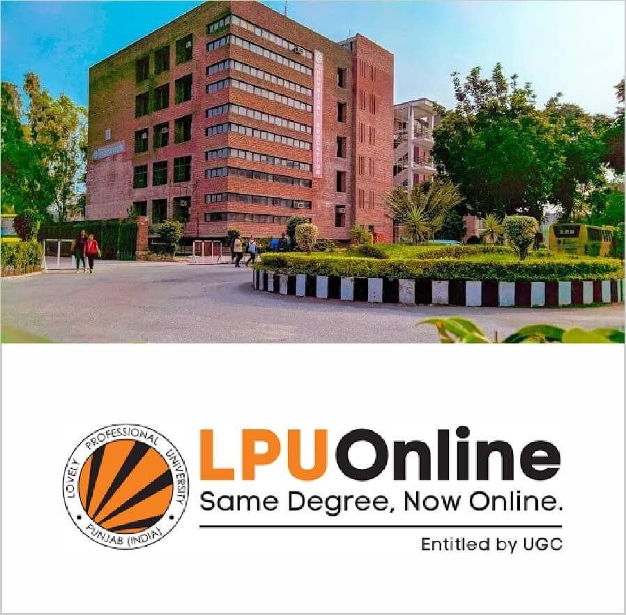 Lovely Professional University Online campus building with LPUOnline logo reading “Same Degree, Now Online”