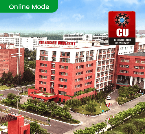 Chandigarh University campus with Online Mode badge and official Chandigarh University logo