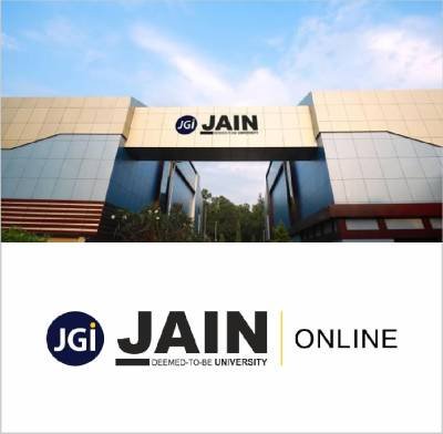 Jain University Online official logo with JGI JAIN Deemed-to-be University wordmark on campus building