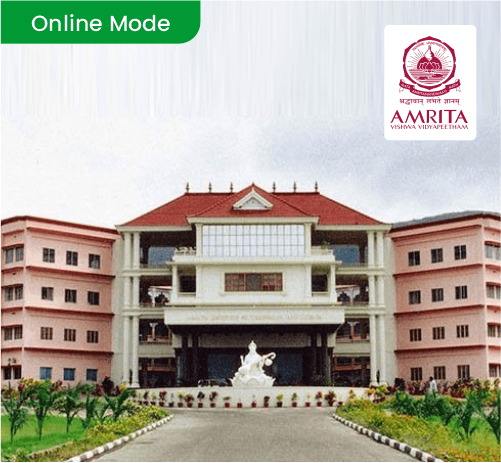 Amrita University main campus building with Online Mode badge and official Amrita University logo