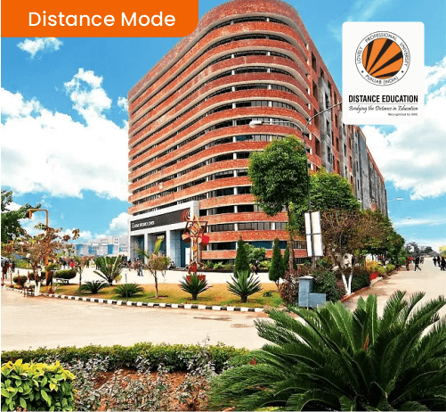 Lovely Professional University campus with Distance Mode label and Distance Education logo