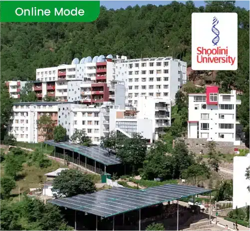 Shoalini University campus with “Online Mode” label for online education and distance learning programs