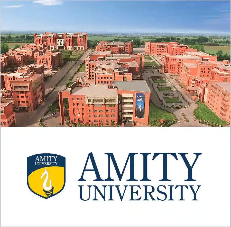 Amity University campus aerial view with official Amity University logo for online distance education